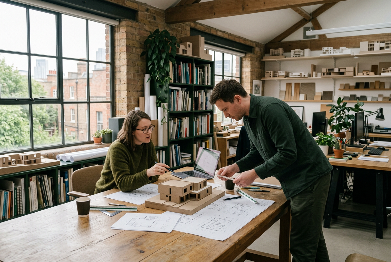 Two architects reviewing models and drawings in a sunlit studio